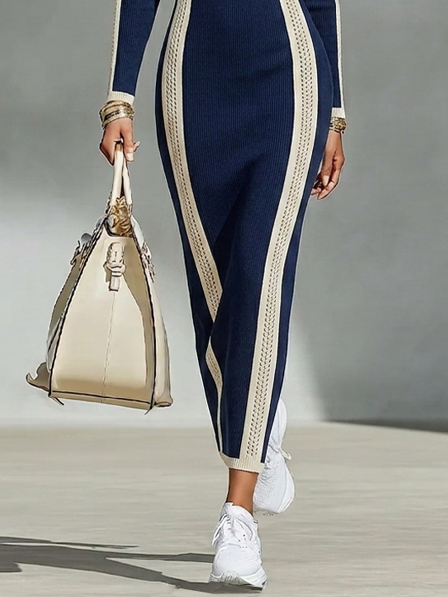Women's Two-Tone Navy Cream Stretch Knit Maxi Gown With Point Collar Zip Placket & Hollow Out Side Trim, Elegant Slim Fit Long Sleeve Knit Maxi Dress MDZ2486G9LYL