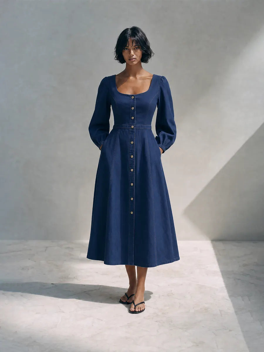 Women's Modern Navy Blue Cotton Linen Blend Square Neck Puff Sleeve Button-Front A-Line Midi DressMDZ2090G6ZSQ
