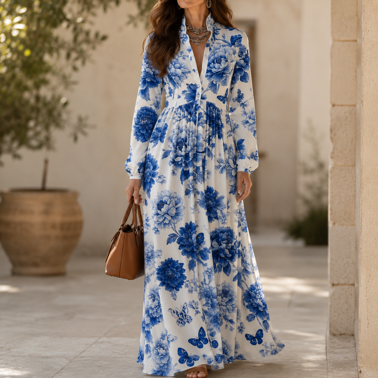 Mirabel – Blue Floral Peony Button-Front Maxi Shirt Dress with Pockets