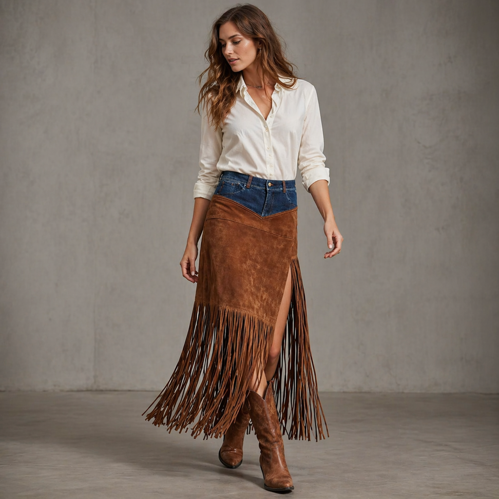 Western Faux Suede Fringe Maxi Skirt with Denim Yoke