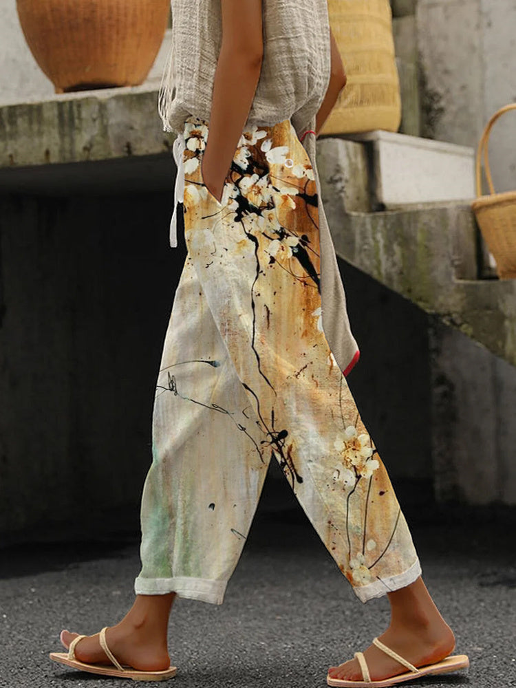 Vintage Ink Flower Print Casual Cotton Linen Pants