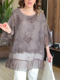 Taupe Floral Embellished Mesh Tunic Blouse