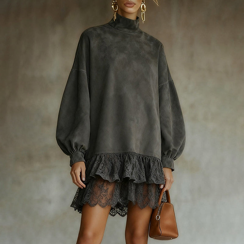 Women's Autumn And Winter Western Retro Suede Fabric Loose Casual Stand Collar Lace Decoration Dress