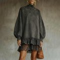Women's Autumn And Winter Western Retro Suede Fabric Loose Casual Stand Collar Lace Decoration Dress