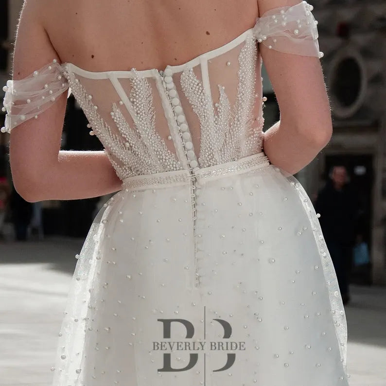 Short Mini Wedding Dress in White Satin & Tulle with Beaded Embroidered - Corset Bridal Gown for Beach, Bridal Brunch, Bachelorette - MONA