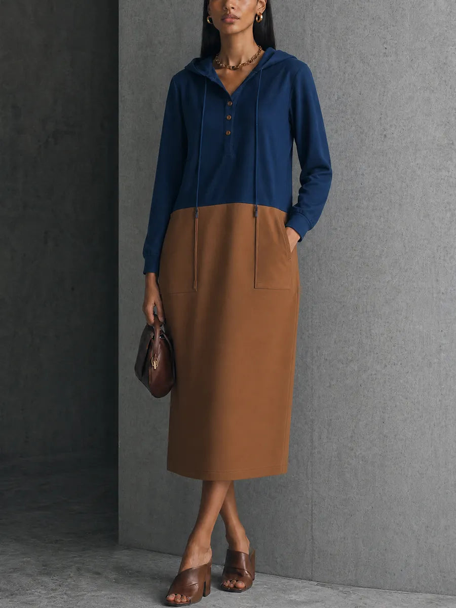 Women's Daily Casual Navy Spliced Caramel Cotton Blend Hooded Patch Pocket Midi Dress MDZ1419G2GMJ