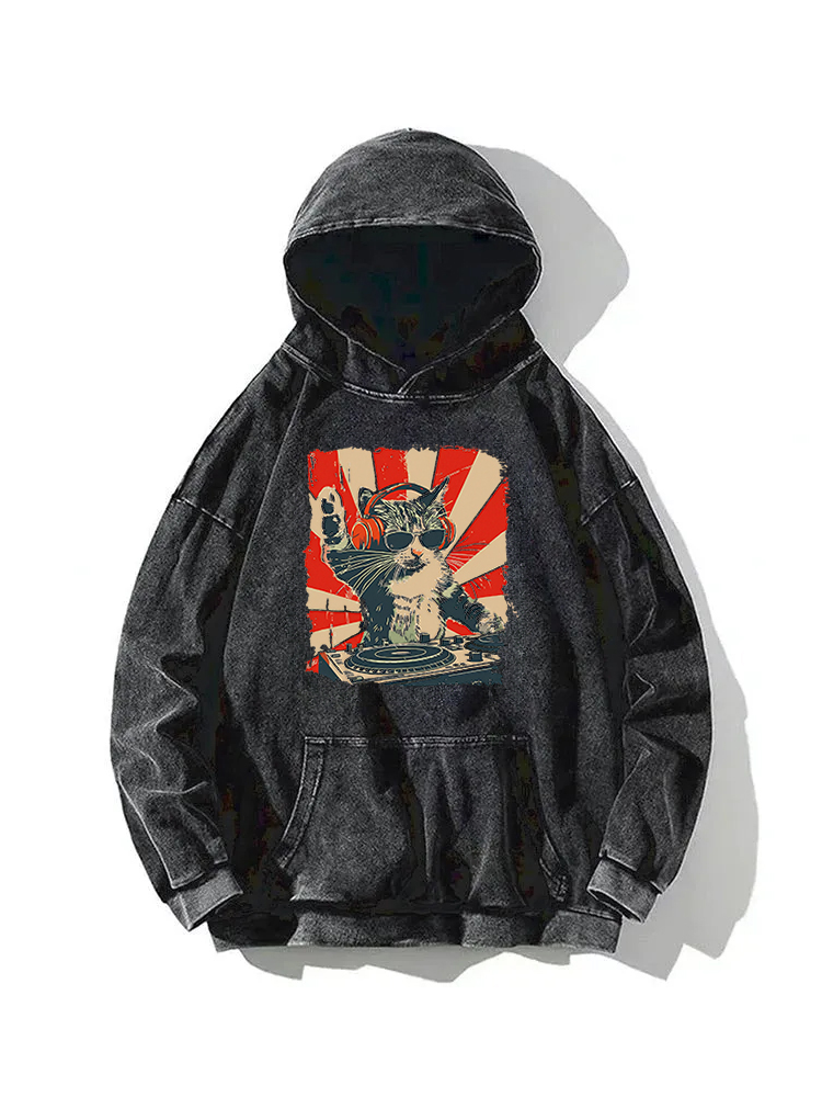 Cool Dj Cat Washed Hoodie