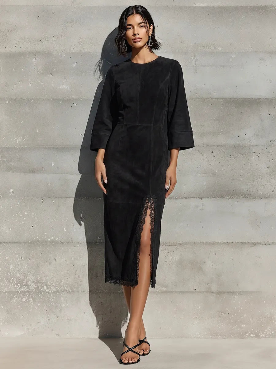 Women’s Black Faux Suede Crew Neck Flare Three Quarter Sleeve Lace Trim Front High Slit Midi Bodycon Dress MDZ0762G2YZJ