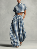 Women's Bold Cotton Blue & White Plaid Turtleneck Cropped Top & Lantern Wide-Leg Pants Set MDA2591L3AU