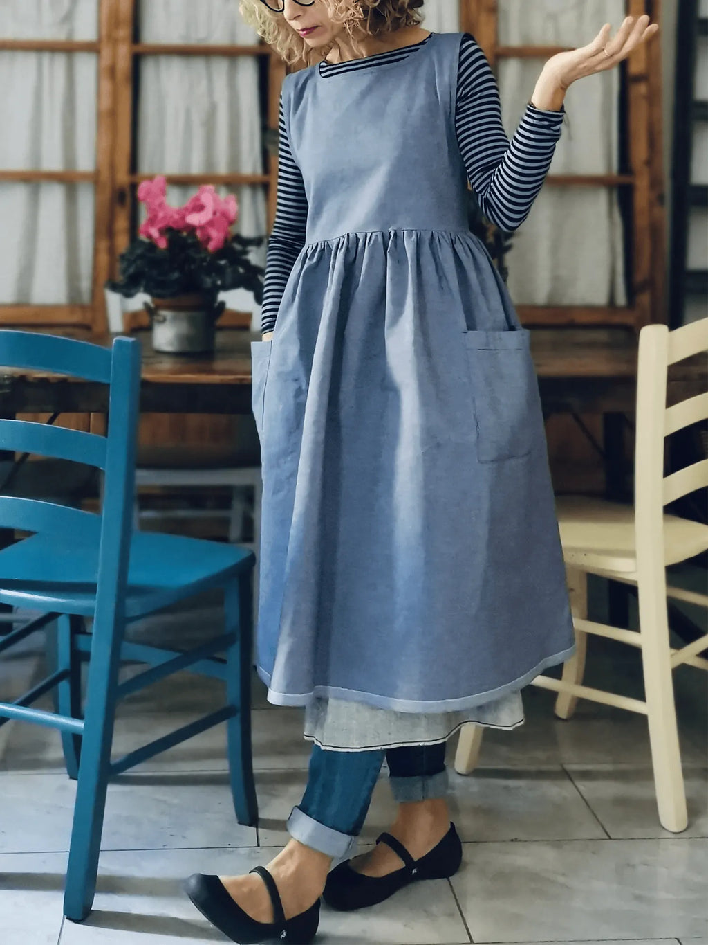 Blue  and Cotton Kitchen Apron