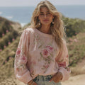 Women's Pink Rose Print Linen Blend T-shirt