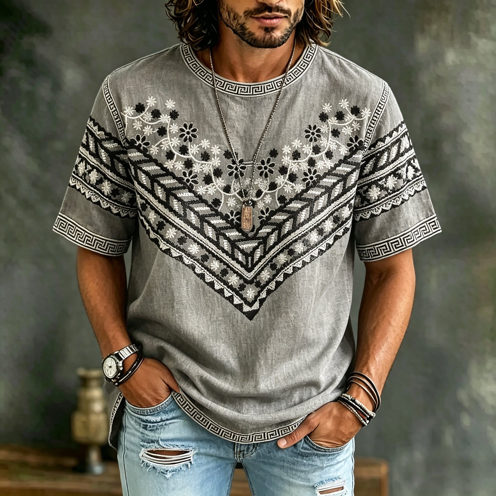 Men's Vintage Spring Floral Embroidered Art Print Flowy Linen Blend Casual Tshirt