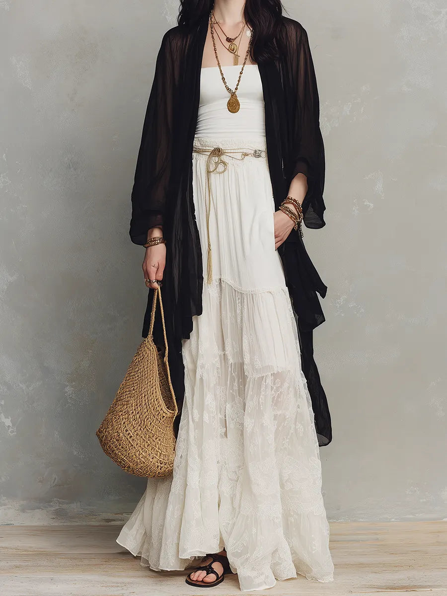 Black Sheer Duster & Ivory Lace Tiered  ¨C Modern Bohemian Elegance Maxi Skirt