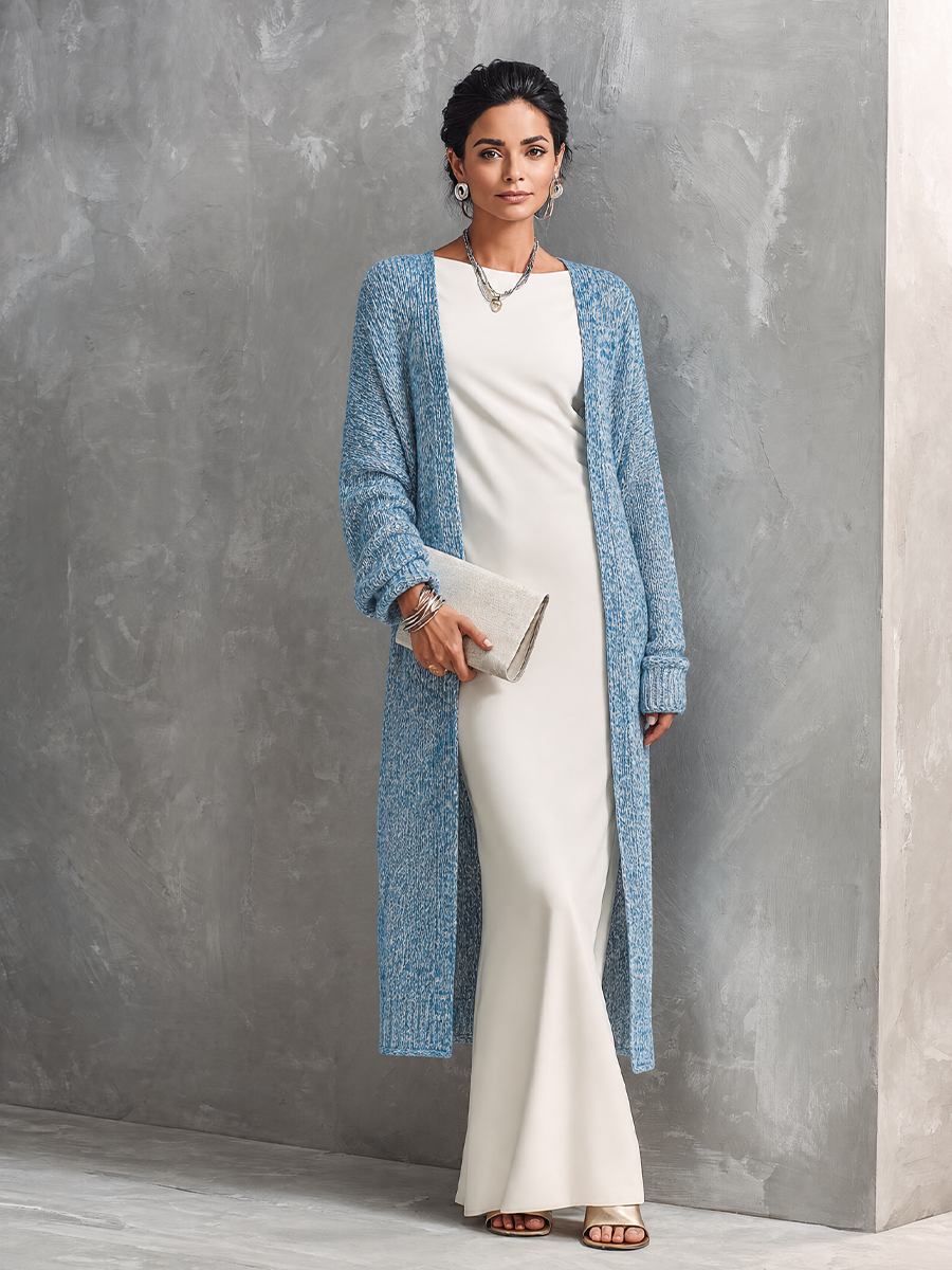 Women's Casual Elegant Blue Knit Open Front Ribbed Long Cardigan MDZ2428G4GMJ