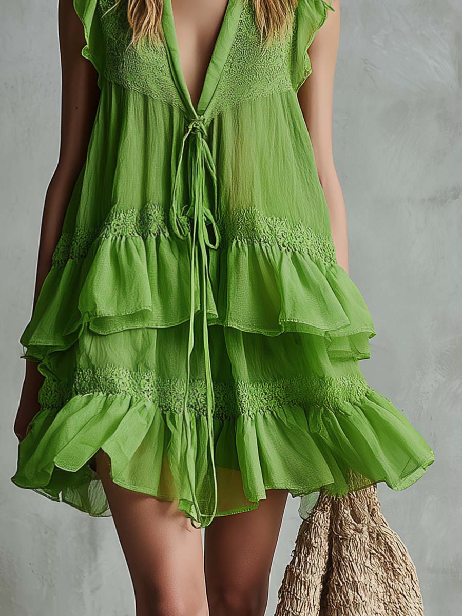 Retro Bohemian Tie-neck V-neck Lace-trimmed Bright Green Chiffon Mini Dress