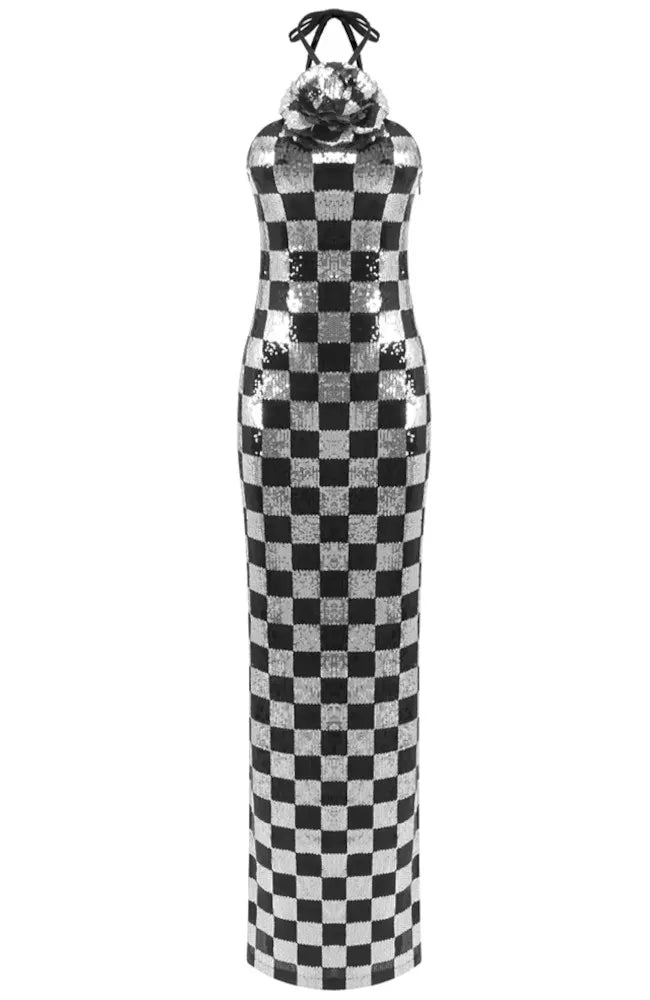Halter Floral Sequin Maxi Dress Black Silver