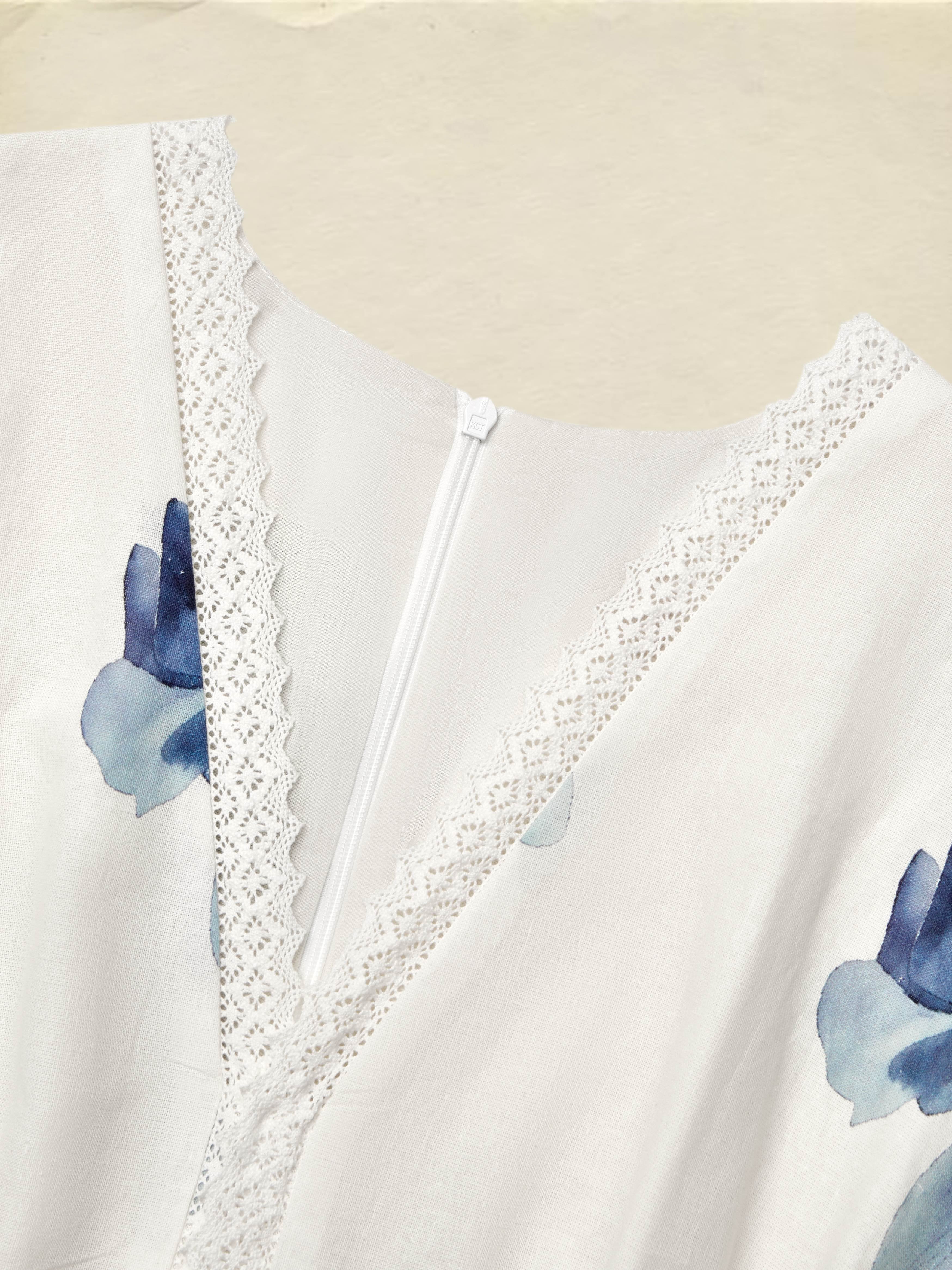 (SIZE:XS-XXL)Linen Maxi Dress, Sleeveless, V neck, Floral, Vintage, White