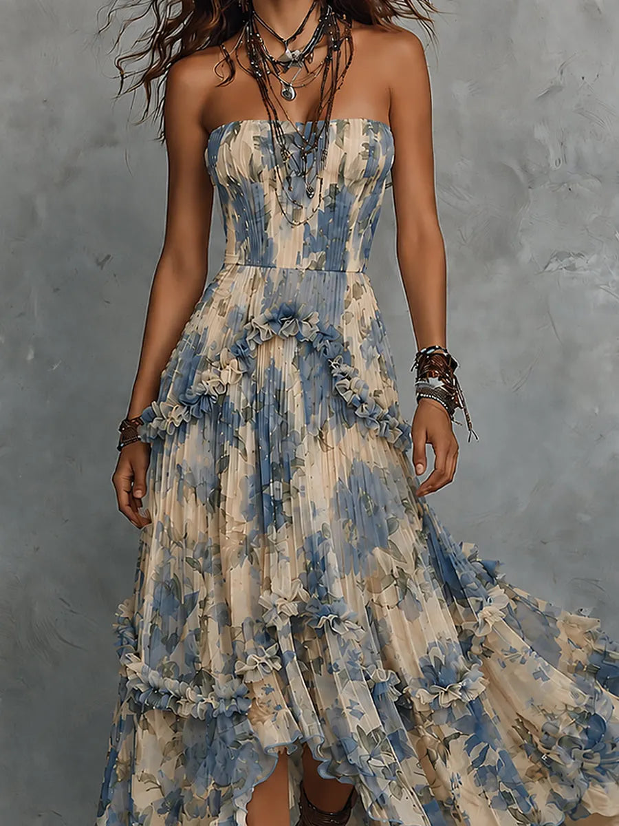 Retro Strapless Printed Pleated Ruffle Trim Chiffon Maxi Dress
