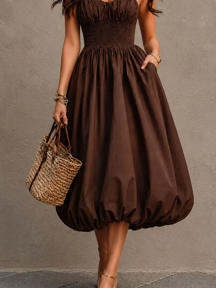 Boho Vacation Brown Smocked Bodice Bubble Midi Dress