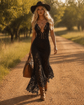 Black Lace Boho Maxi Dress with Deep V-Neck