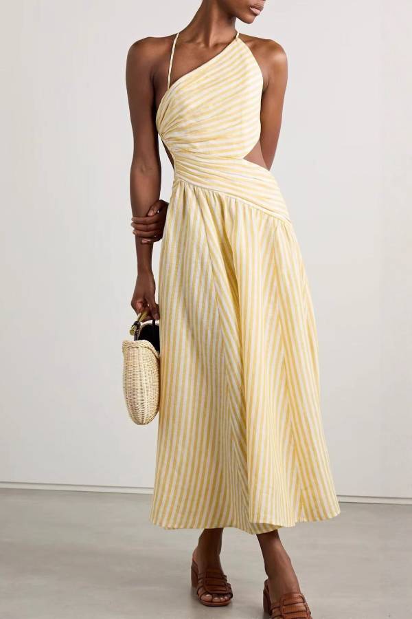 One-Shoulder Halter Stripe Cutout Flare Midi Dress