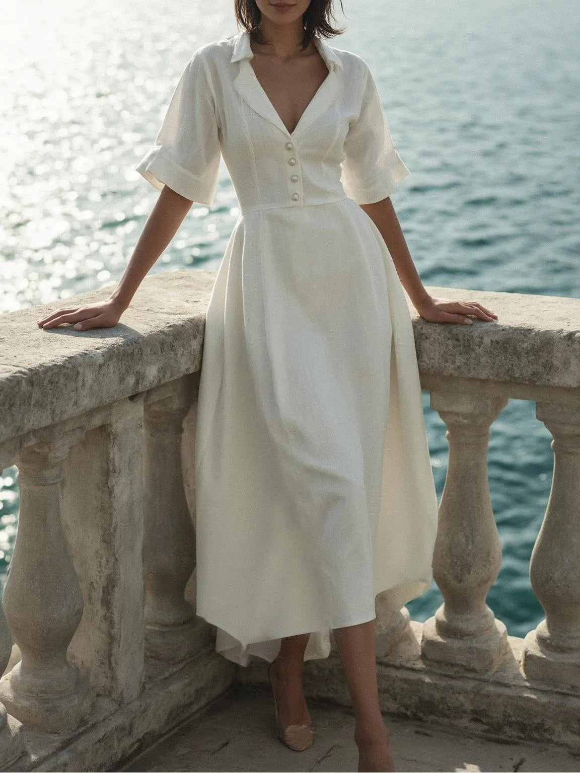 Linen Maxi Dress, Half Sleeve, Shawl Collar, Plain, Vintage, White