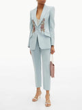 Women Designer 2 Piece Suit In Sky Blue Colour. Custom Made Slant Pockets Peak Lapel Wedding Bridesmaid Cocktail Dinner Party Prom Wear
