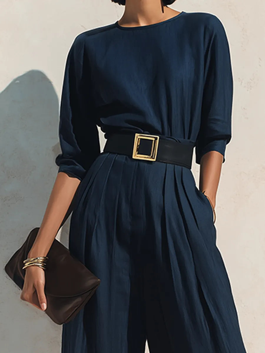Women's Minimalist Solid Navy Linen Round Neck Wide-Leg Jumpsuit MDZ1643G9ZRK