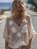 Bohemian Style White Flower V-neck Vintage Linen Short-sleeved Shirt