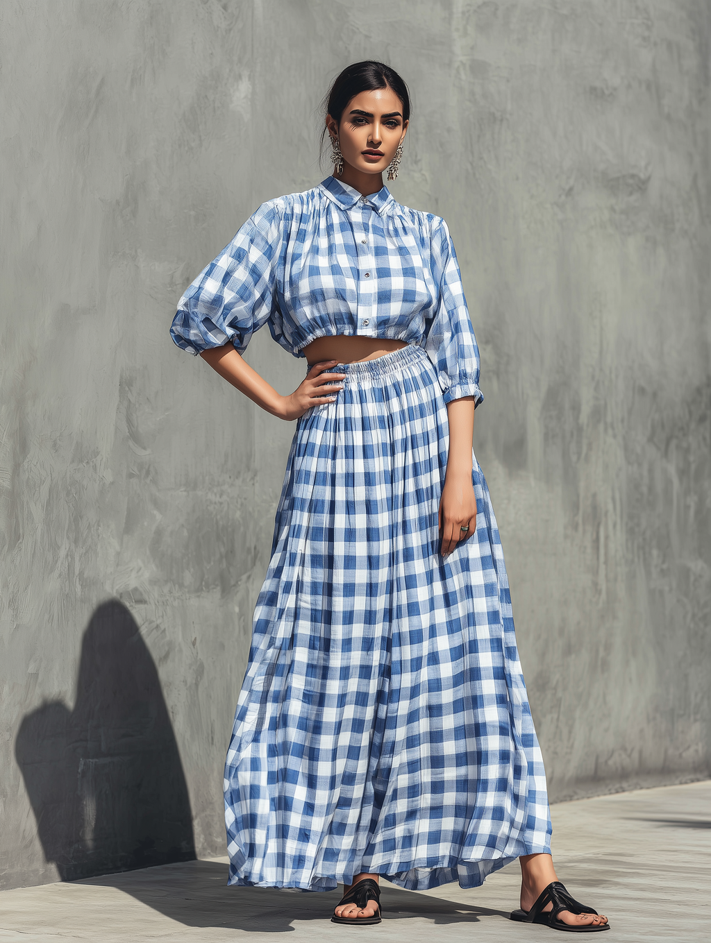 Women’s Blue White Gingham Plaid Lapel Collar Puff Half Sleeve Cropped Shirt & Elastic High Waist Flowy Maxi Skirt Two Piece Matching Set MDZ3010F9T