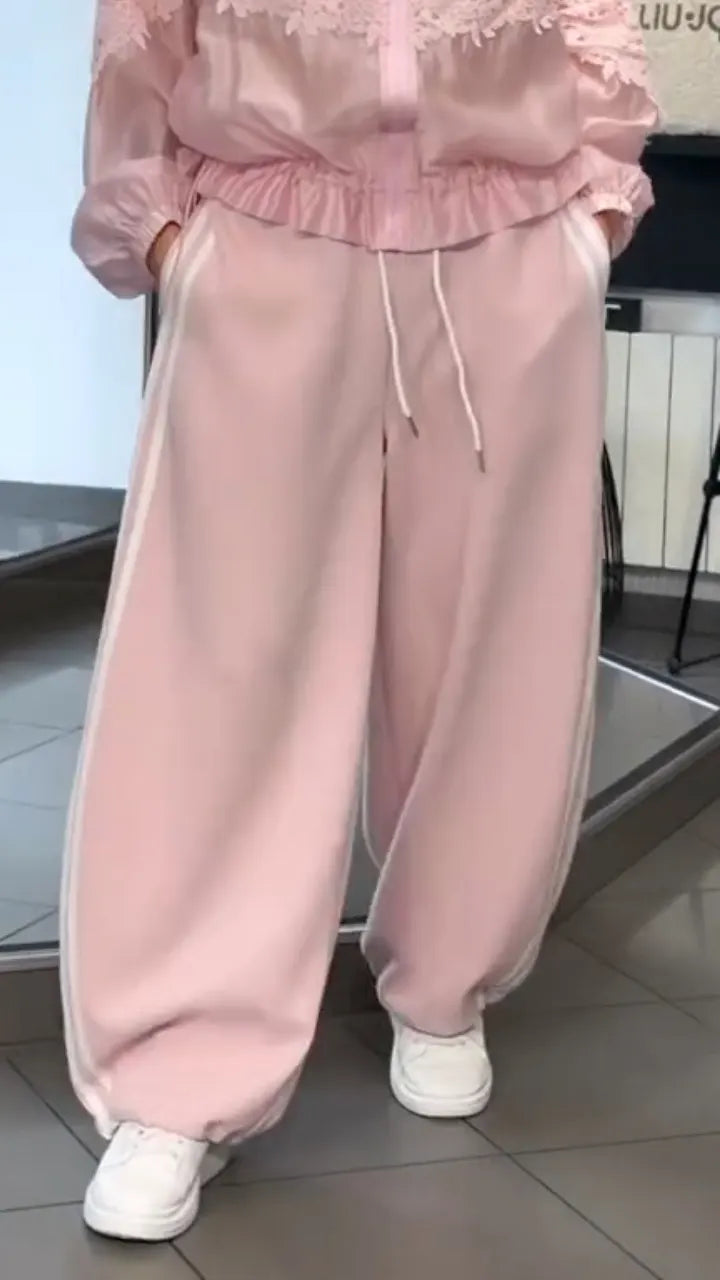 Pink Sheer Lace Trim Two-Piece Tracksuit