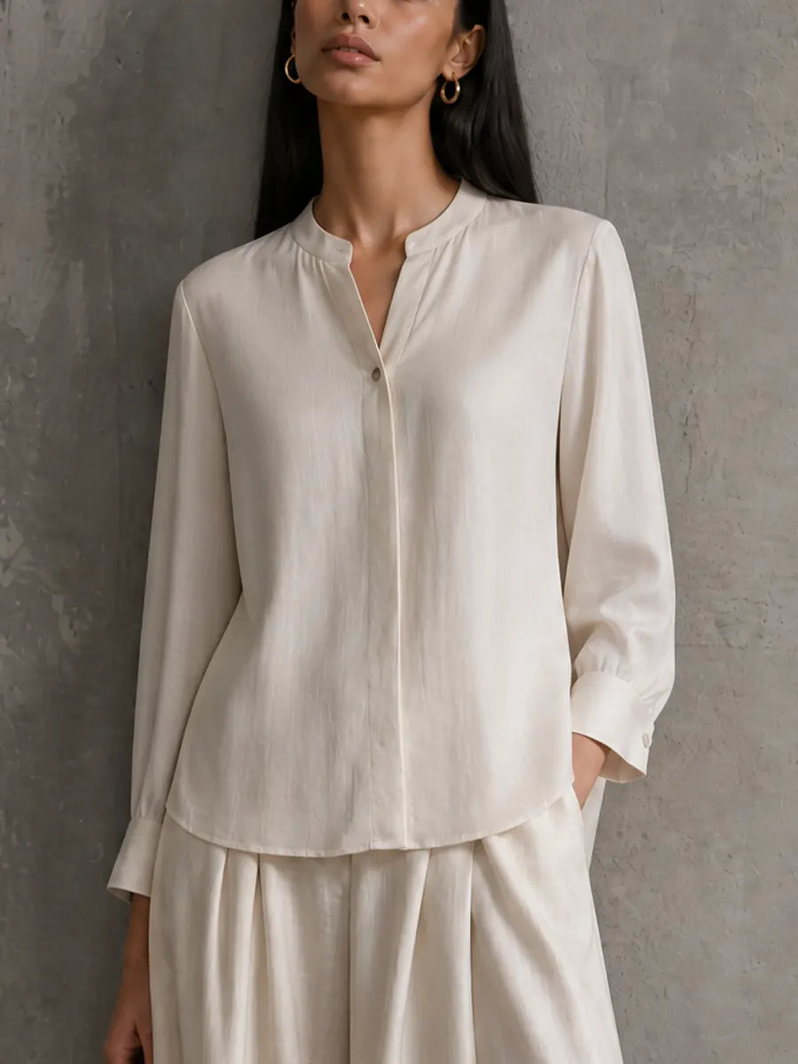 Women's Minimalist Ivory Tencel Cotton Linen Stand Collar Shirt Wide-Leg Culottes Set MDZ2190G2GMJ