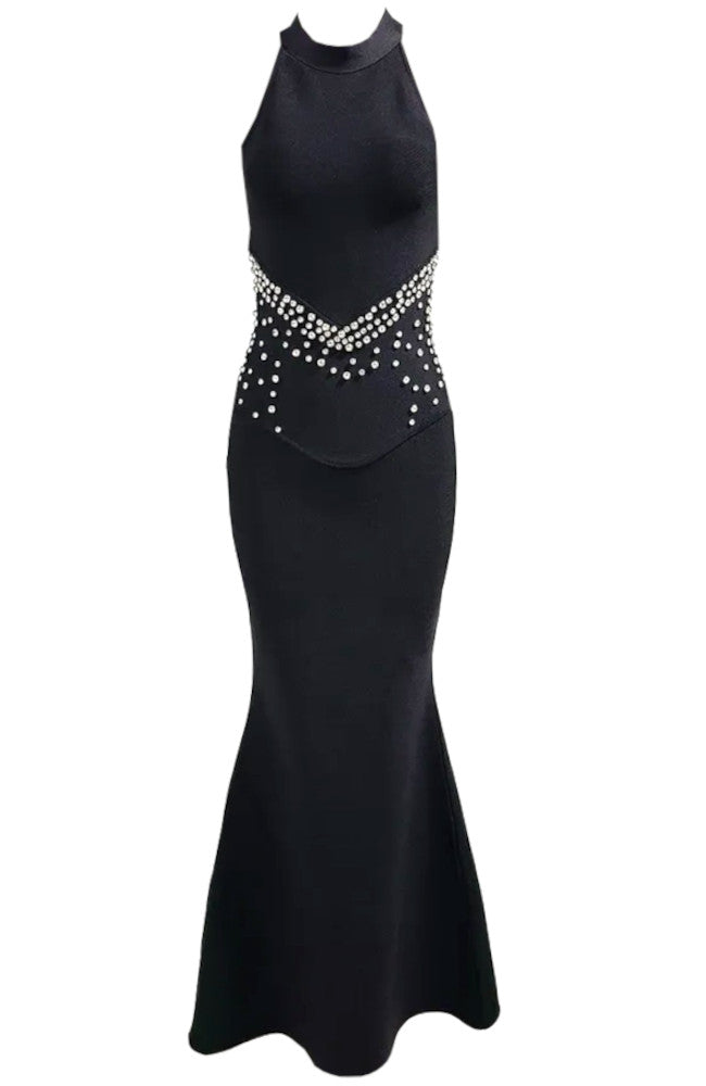 Halter Crystal Front Maxi Dress Black