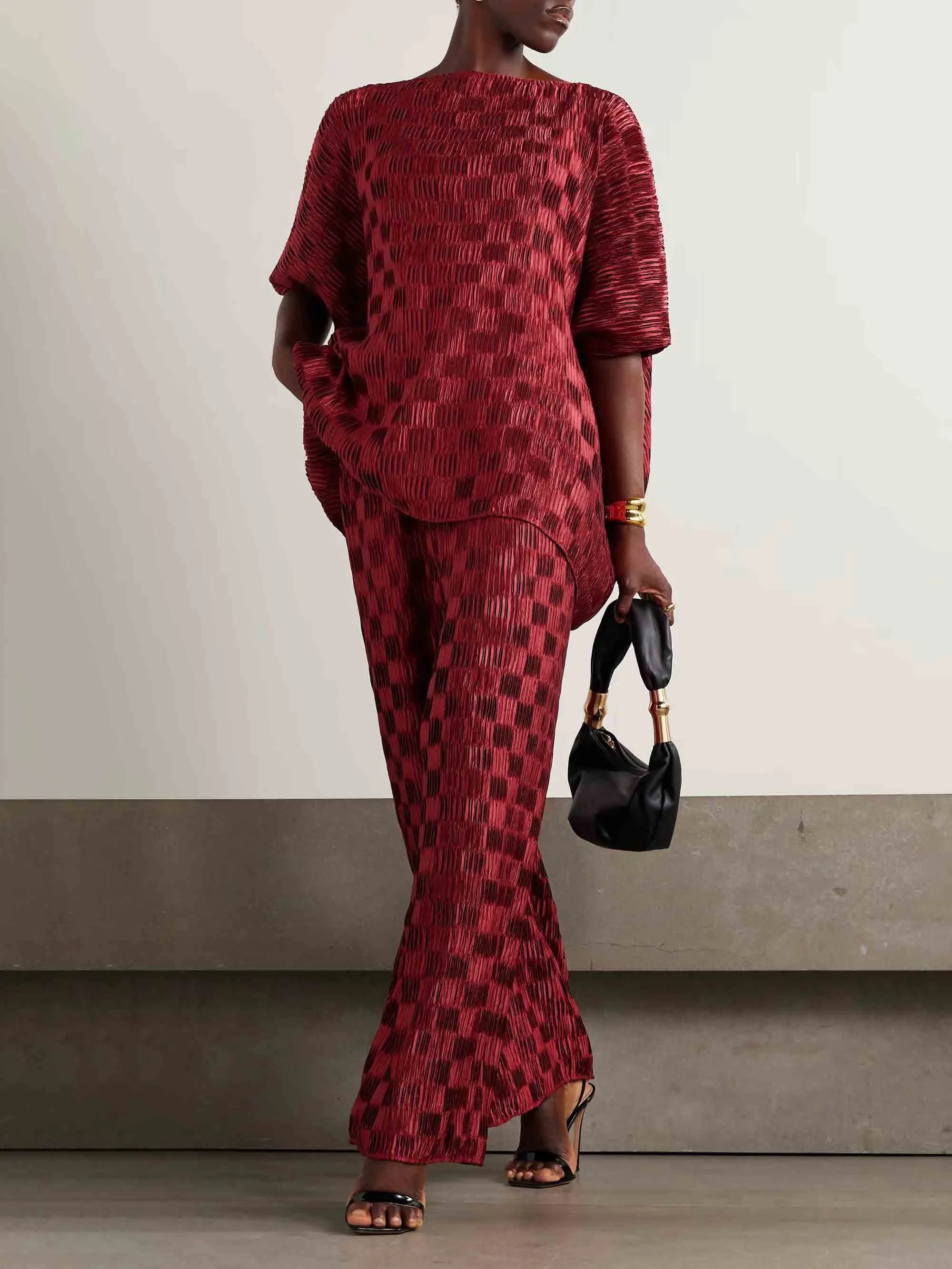 Exquisite Textured High-Waisted Wide-Leg Pants