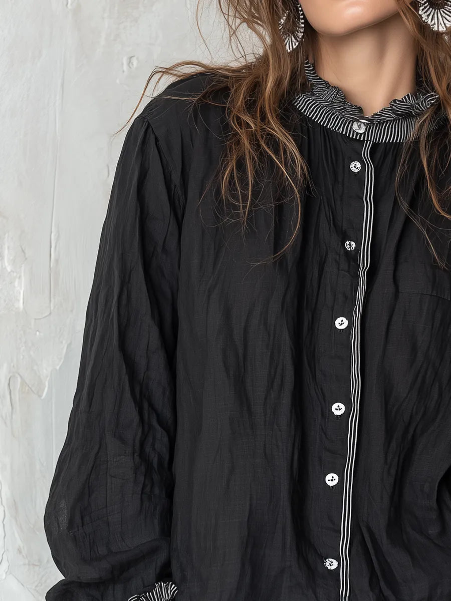 Relaxed Black Striped Trim Button-Up Shirt