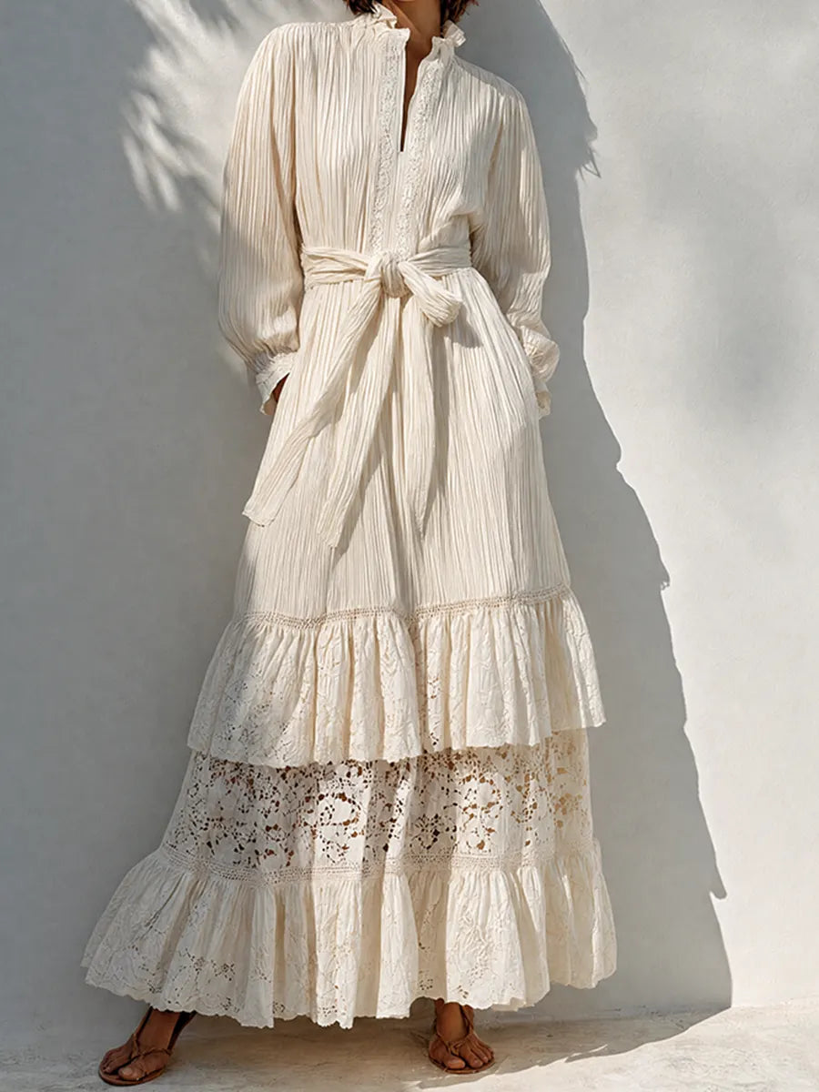 Women's Bohemian Resort-Style Off-white Ruffled Stand-Collar Bishop-Sleeve Belted Pleated Lace-Paneled Maxi Dress MDZ1432G3CMX