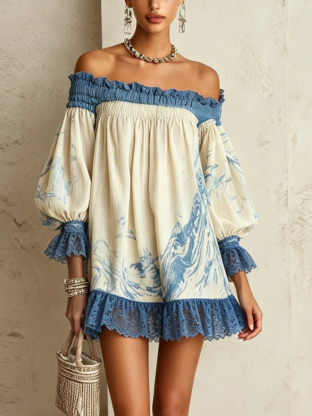 Off-Shoulder Cream And Blue Mini Dress With Lace Trim And Puff Sleeves