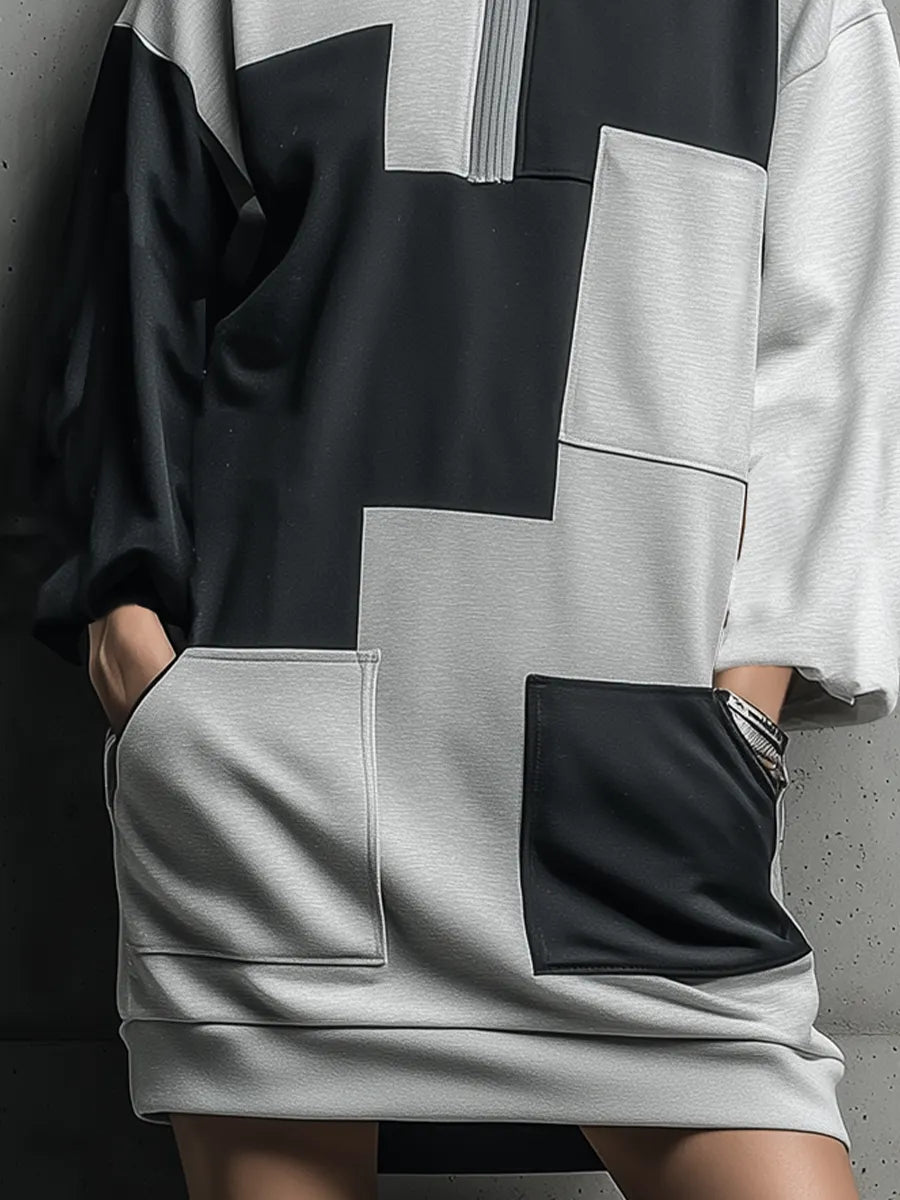 Women's Black Gray Color Block Scuba Knit Patchwork Half Zip Stand Collar Long Sleeve Side Pocket Oversized Mini Sweatshirt Dress MDZ1742G2YZJ