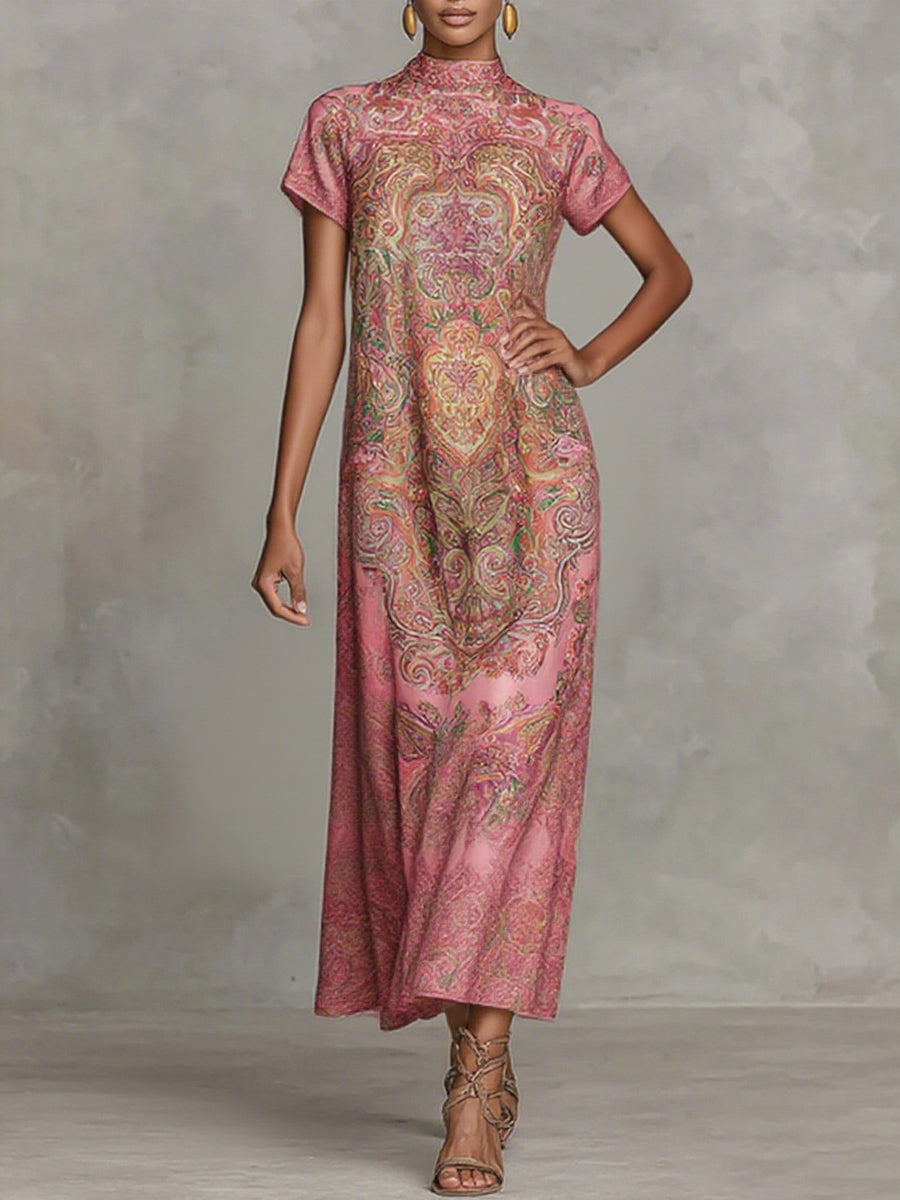 Loose Short Sleeves Contrast Color Flower Print Mock Neck Maxi Dresses