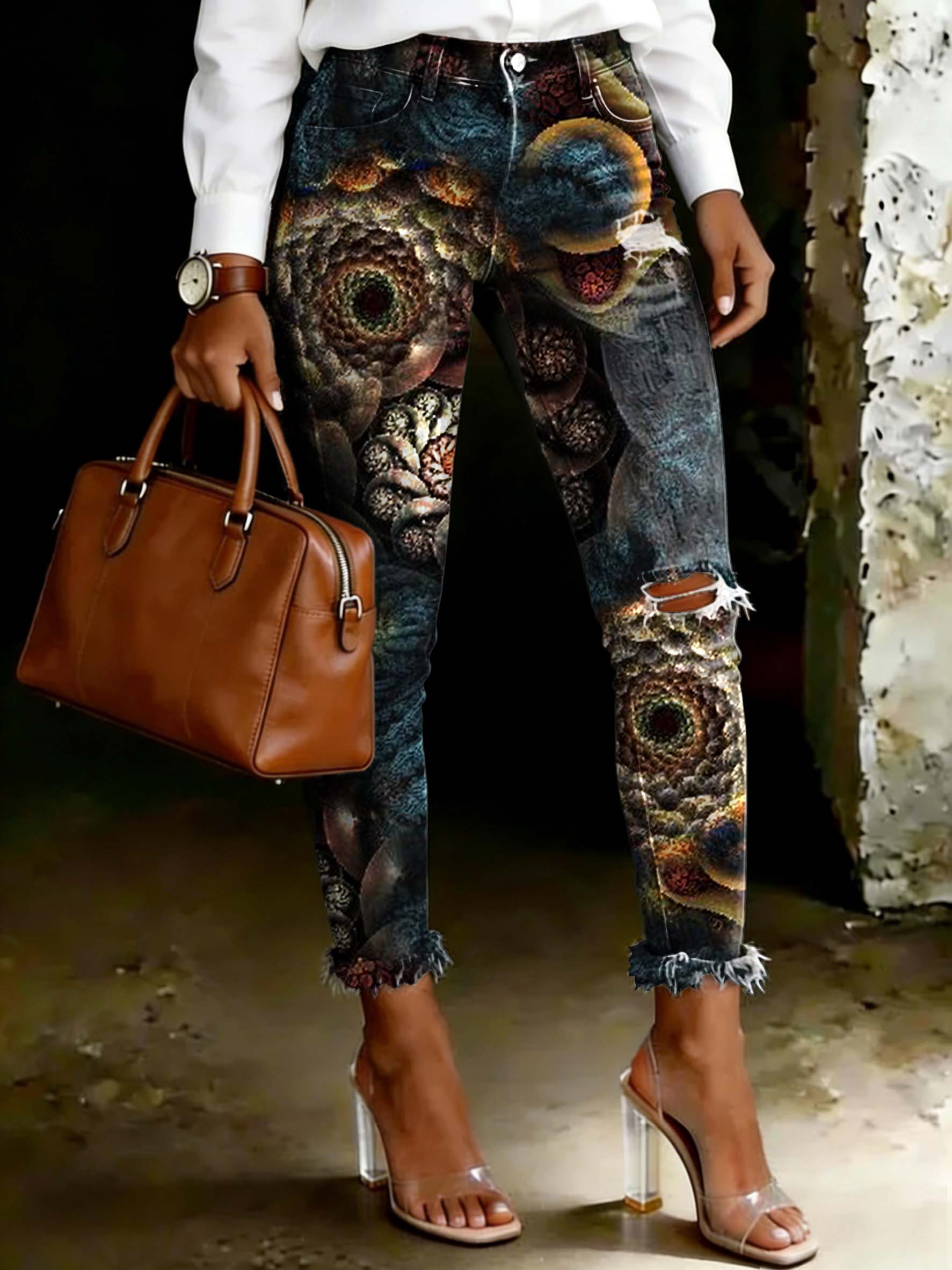 Women's Vintage Mandala Art Ripped Skinny Jeans