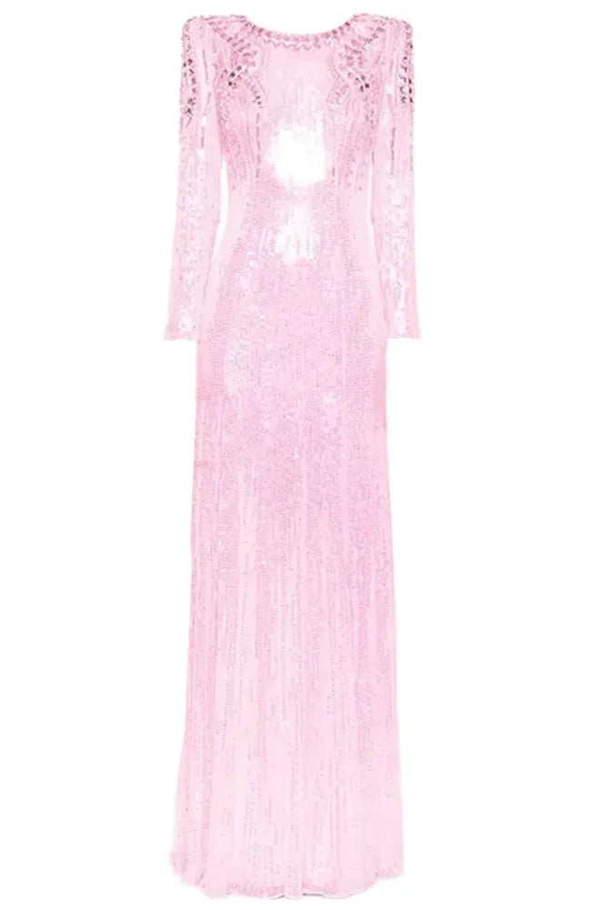 Long Sleeve Crystal Sequin Maxi Dress Pink