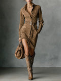 Suede Single Breasted Lapel Long Sleeve Midi Dress(Includes belt)