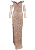 Strapless Crystal Sequin Maxi Dress Gold