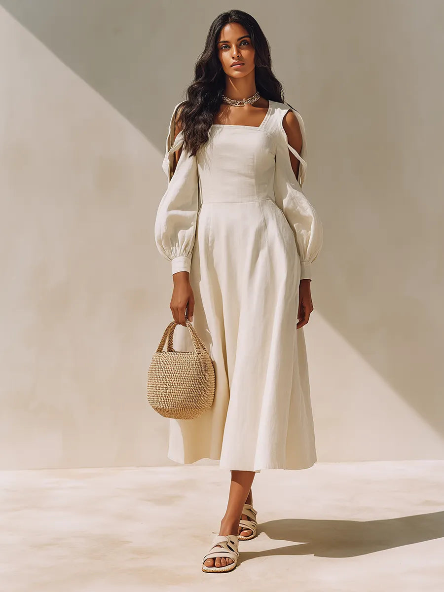 Women's Off White Linen Blend Midi Dress With Square Neck Cutout Balloon Long Sleeves, Minimalist Elegant Flowy Vacation Midi Dress MDZ0268G6LYL