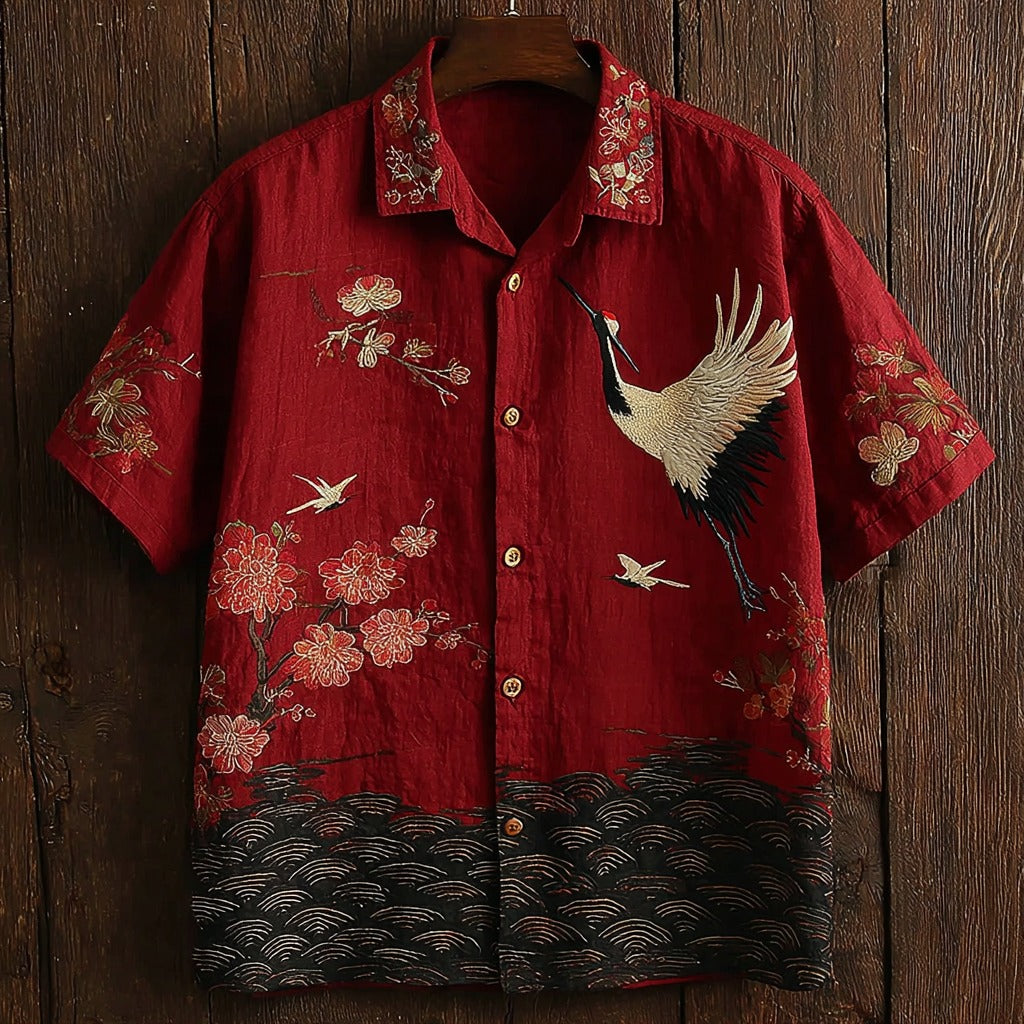 Men's Vintage Ripple Pattern And Crane Art Print Linen Shirt