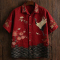 Men's Vintage Ripple Pattern And Crane Art Print Linen Shirt