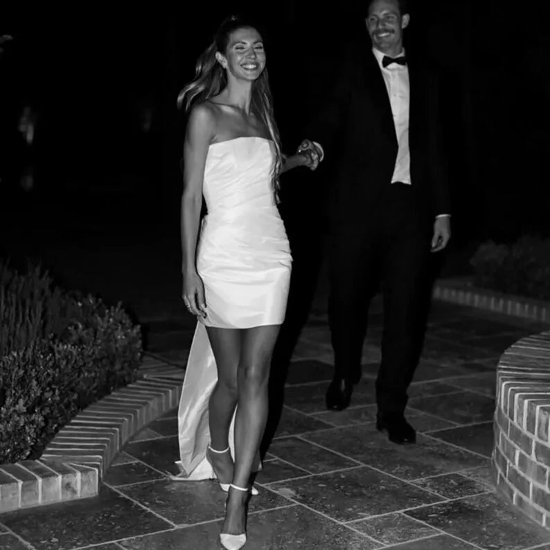 Mini Strapless Ruched Taffeta Bridal Gown Above Knee Length Wedding Detachable Large Bow