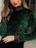 Women's Lace Panel Leopard Printed Velvet Top