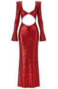 Long Sleeve Cut Out Detail Sequin Maxi Dress Red