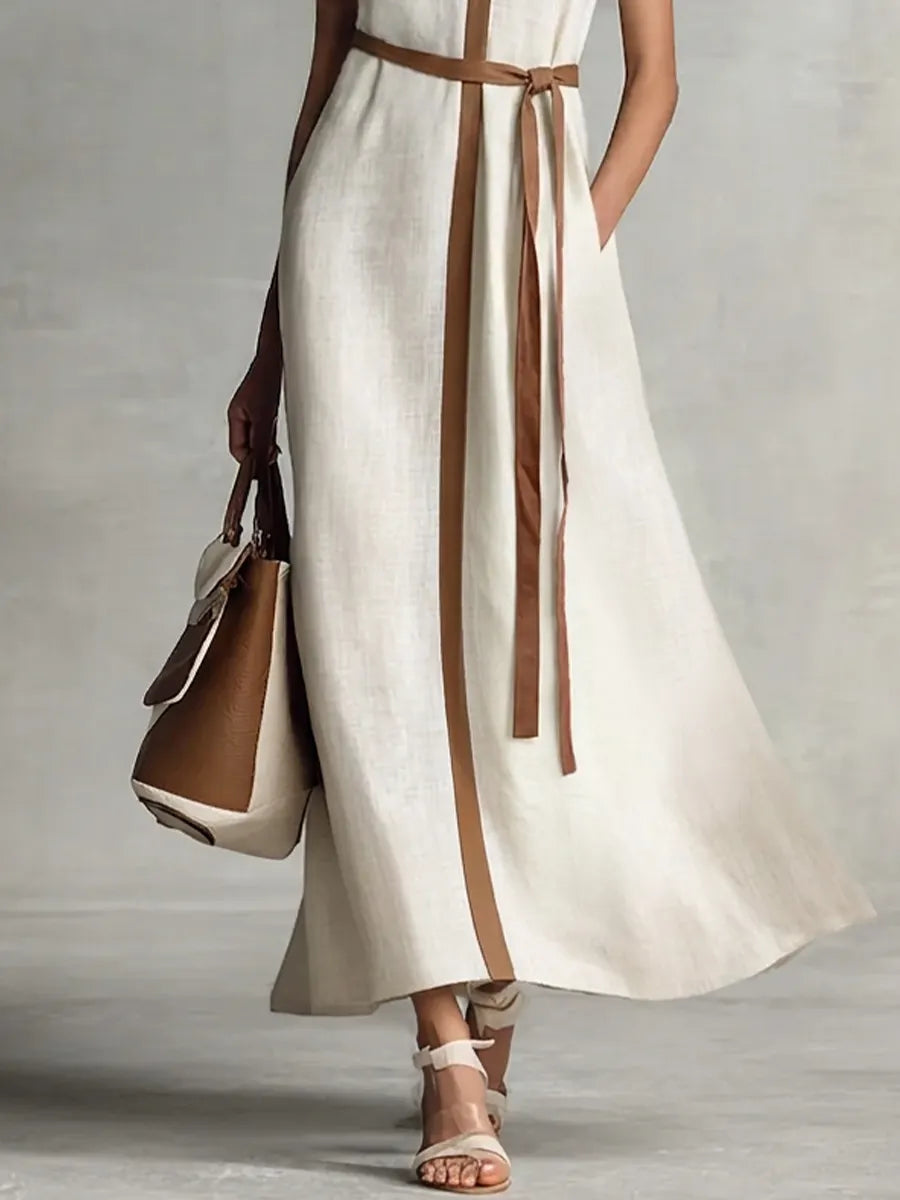 Women's Sleeveless V-Neck Tie-Waist Cotton Linen Maxi Dress MDZ1153B7BA